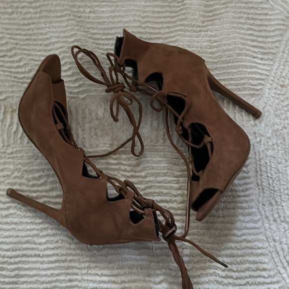 ALDO Faux suede lace up open peek toe brown stiletto heels sandals sz 8 - Picture 4 of 11